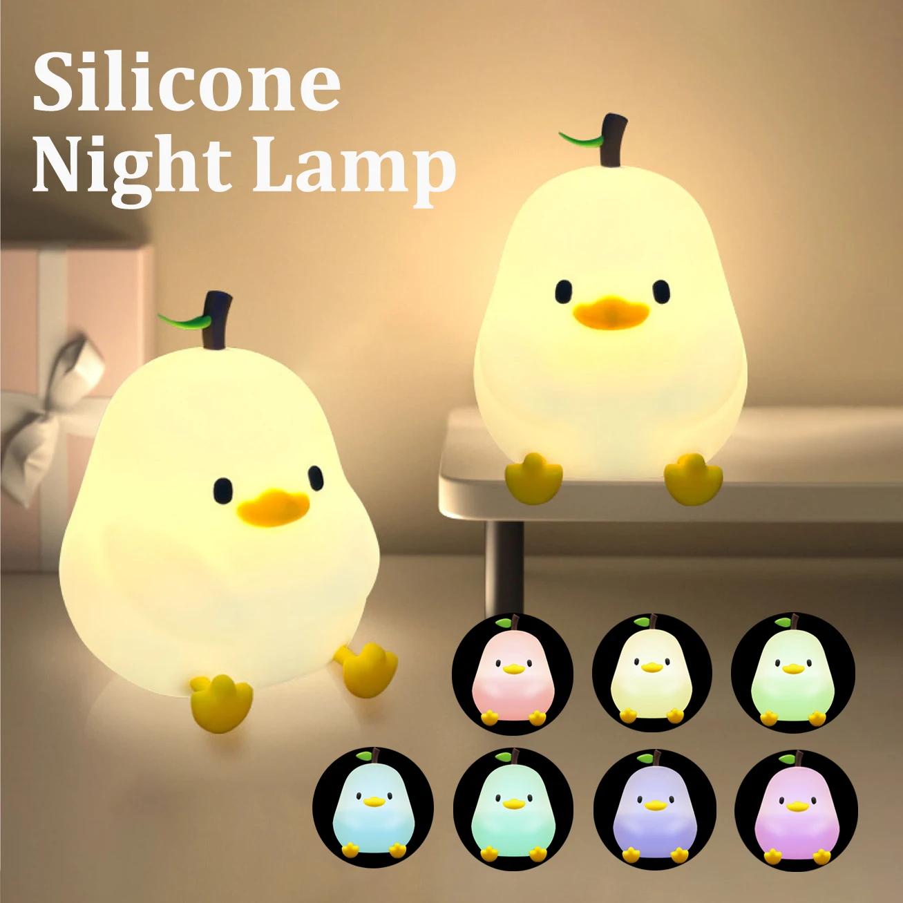 Veilleuse poire mignonne, 7 couleurs, variable, commande tactile, en Silicone, réduisant le Stress, lampe canard Pat, Rechargeable par USB