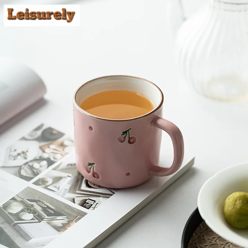 350ML Japanese Hand Drawn Cherry Ceramic Coffee Mug Personal Office Work Cup Water Jug Oatmeal Breakfast Mug Couple Handgrip Cup