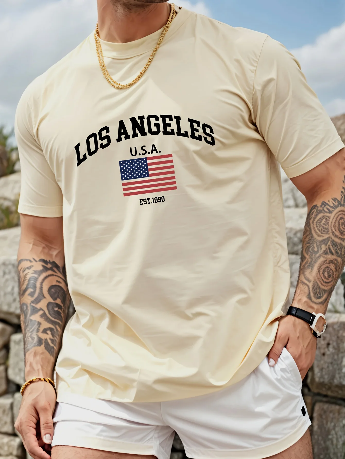 Vintage Los Angeles USA Flag Print on Premium 100% Cotton Mens T shirt Perfect for Summer West Coast Streetwear and Casual Style 1