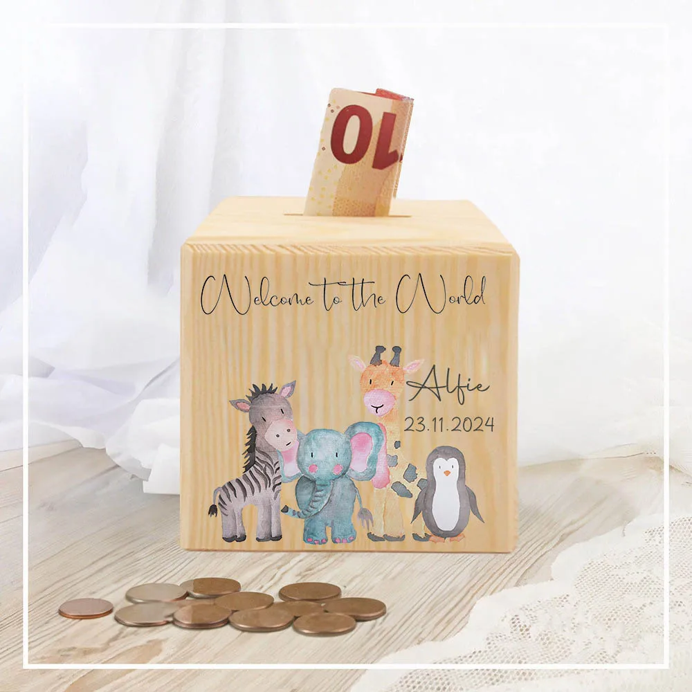 Personalisierte Spardose mit Tiermotiv und Namen, Spardose aus Holz, ideal als Geschenk zum Kindergeburtstag, zur Taufe oder Babyparty_voghion.com