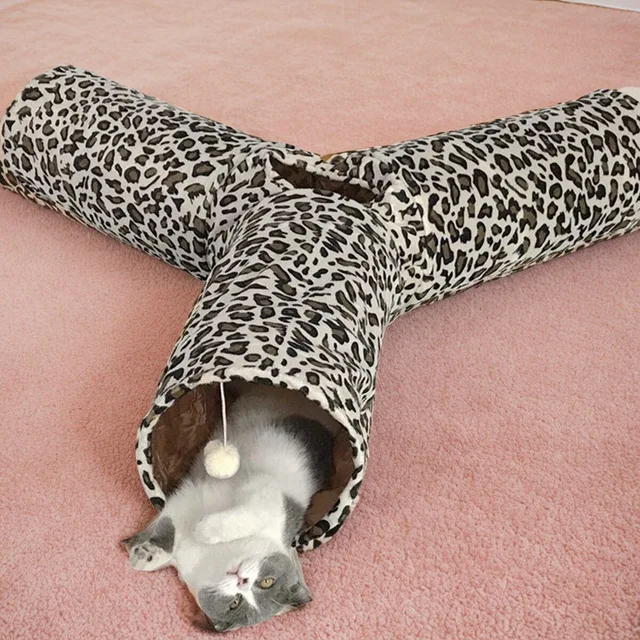 Plush Leopard Print Printed Cat Tunnel Soft and Foldable Cat Friendly Straight Through Three-way Channel Pet Cat Toy 2