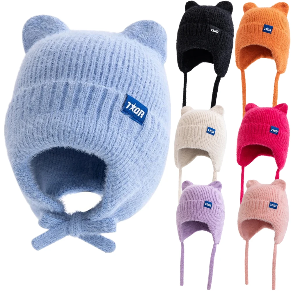 Heißer Verkauf Frauen Nette Katze Ohr Earflap Winter Hut Mode Gestrickte Hut Kpop Stil Weiche Beanie Hüte Candy Farben Streetwear Kappe