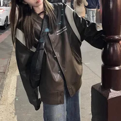 2023 Retro Sweet Cool Baseball Coat Leather Fashion Jacket Coat Top Female pu jacket Coat top personalized street style