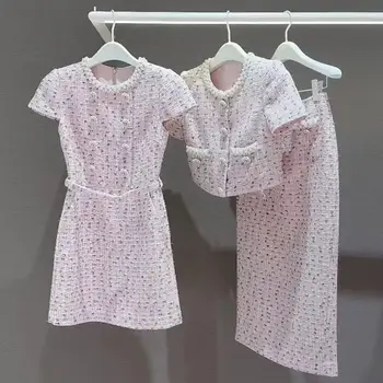 Women bead Pink woolen dress set fashion short sleeve mini dress + OL set 1