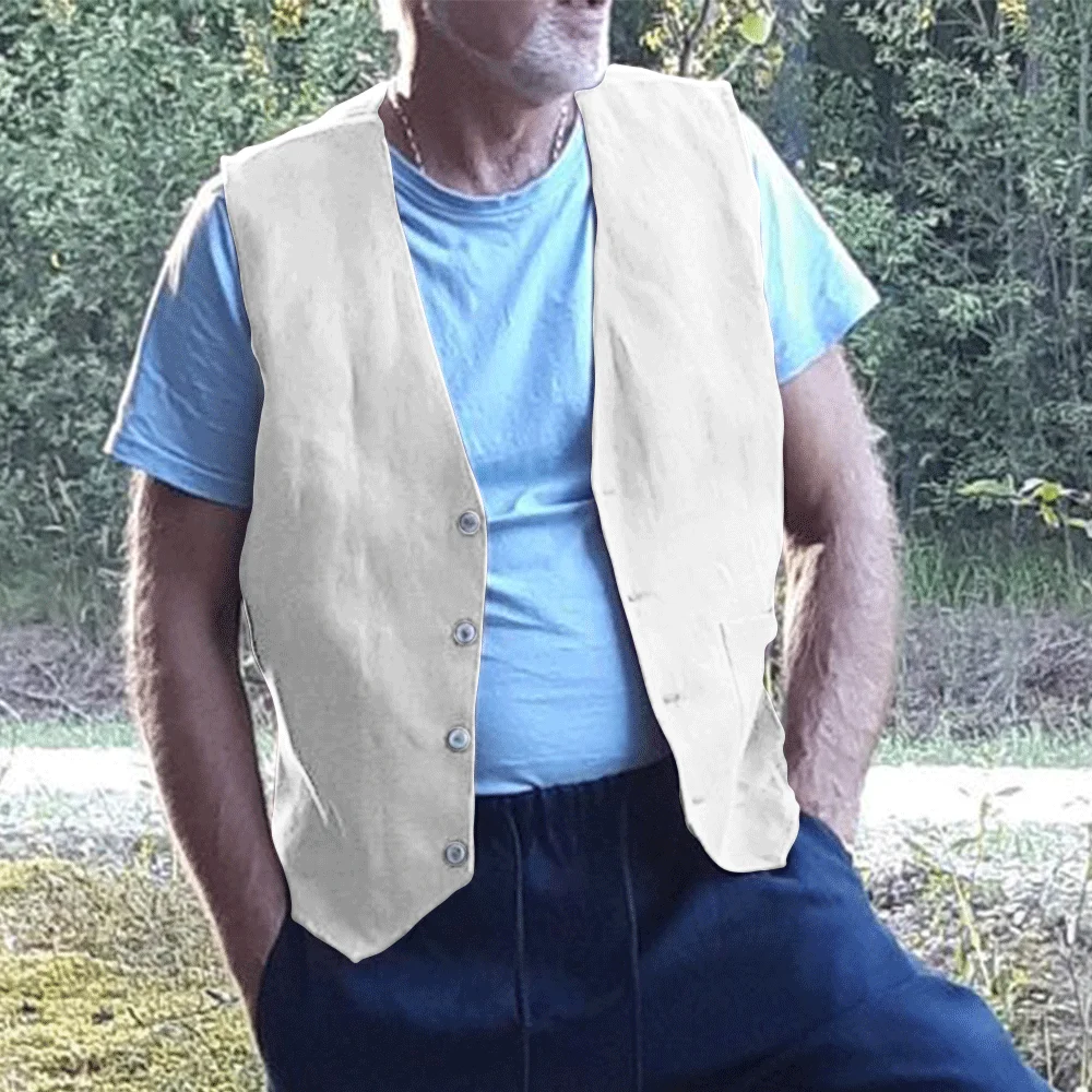 Casual Vest for Men Comfortable Linen Man Casual Fishing Sleeveless Vests Retro Waistcoat Male Summer Clothes Solid Color Design 2