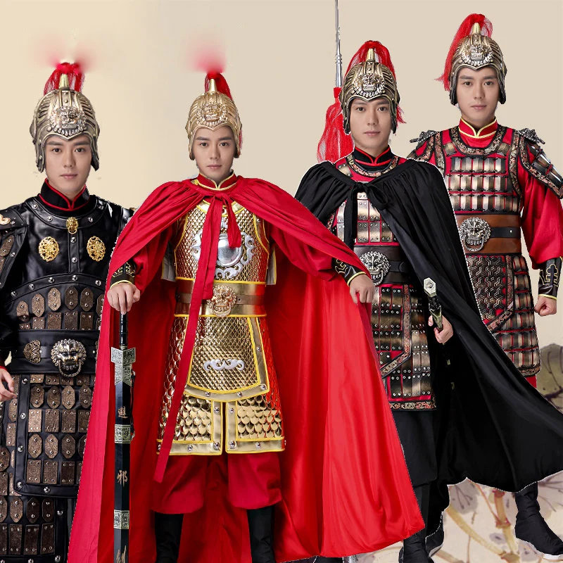 

Han Tang Song Ming Dynasty Men Military Armour Ancient China Generals Costume Performance Outfit Black Red Golden Armor + Cloak