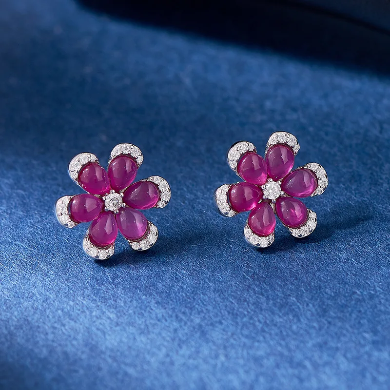 

S925 Sterling Silver Studs Earrings for Women New Fashion Corundum Chrysanthemum Inlaid Zircon Ear-studs Jewelry Free Shipping