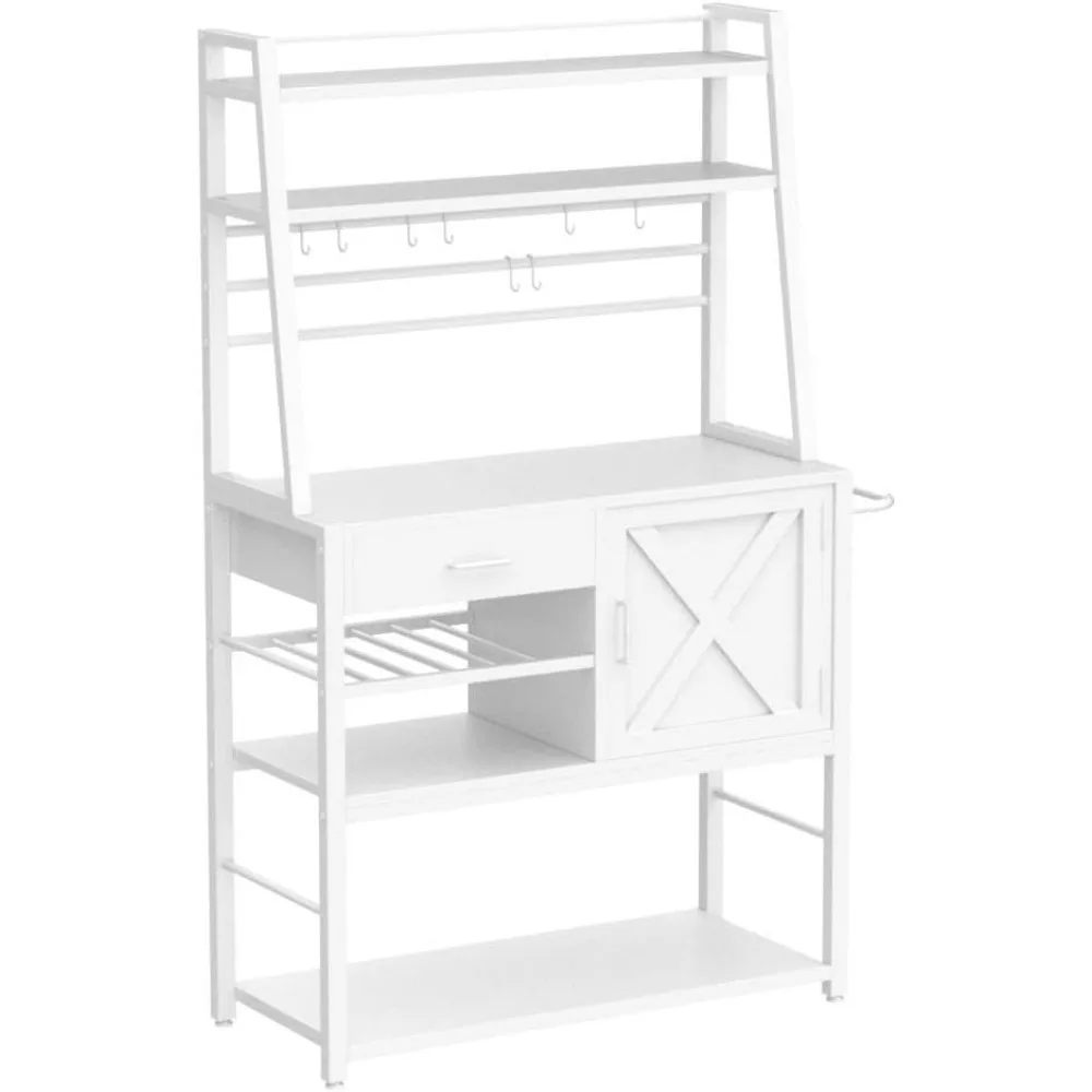 Itaar Baker's Rack, Coffee Bar Cabinet, Farmhouse Microwave Stand with Wine Rack, Storage Drawer and 8 Hooks, Bakers Racks 4