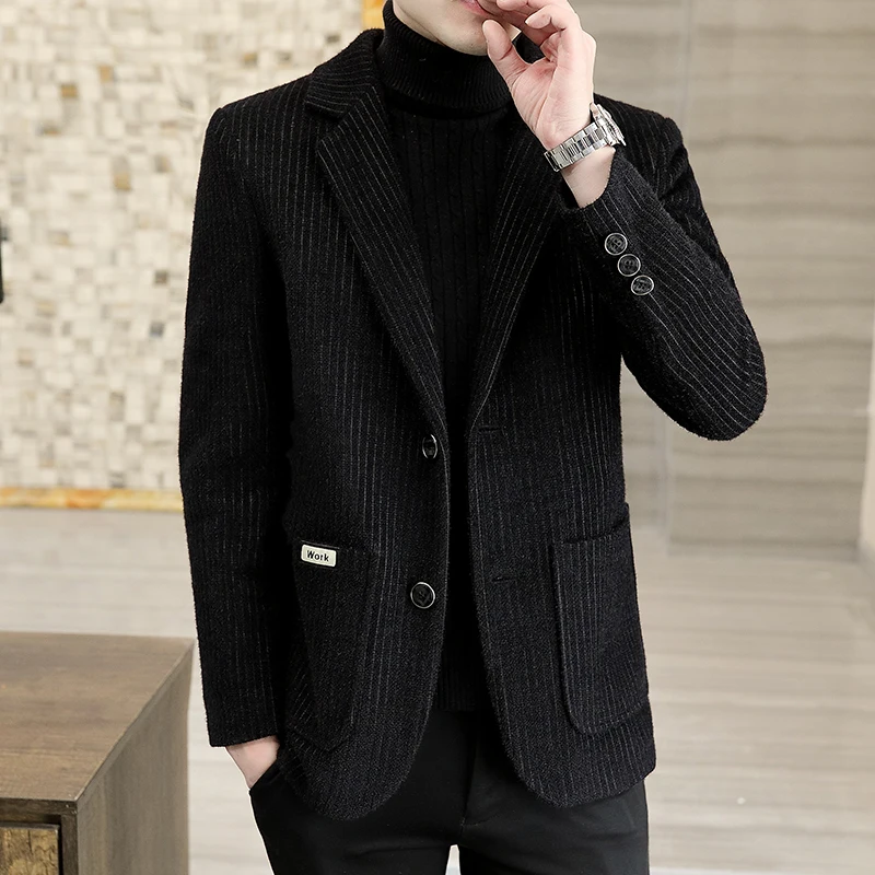 

High-end Fashion Handsome Men's Woolen Slim-fit Banquet Suit Coat Autumn and Winter British Striped Gold Sable Small Suit Jacket