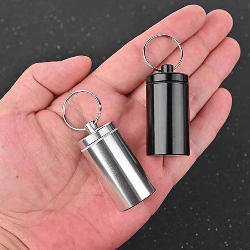 Mini-Medizinflaschenhalter aus Aluminiumlegierung, Medikamentenbehälter, klein, tragbar, Pillendose, wasserdicht, Schlüsselanhänger, Werkzeug halten – Detail 3
