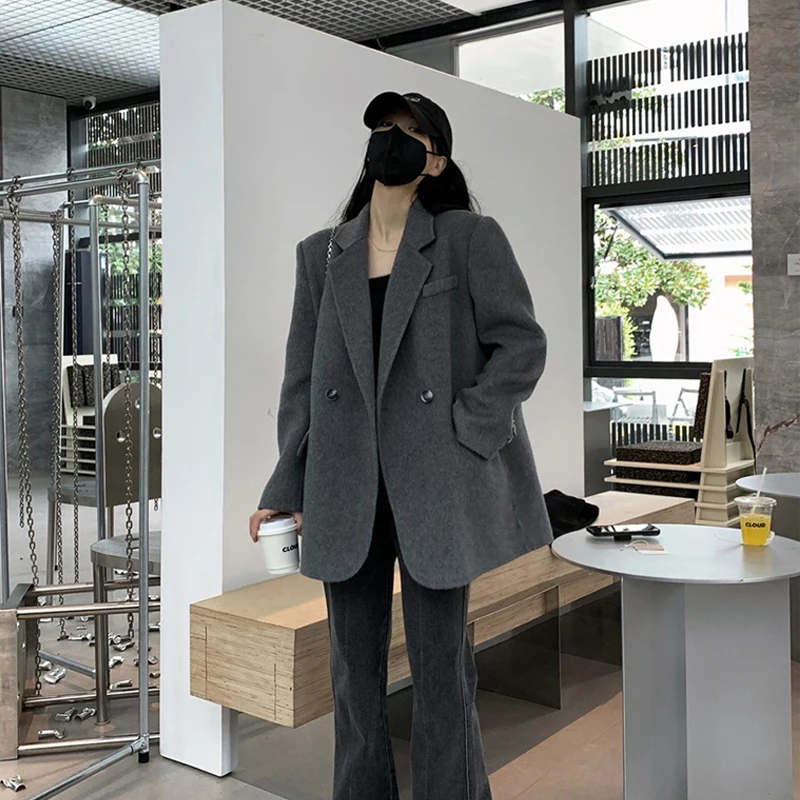 Gray Woolen Blazer Women's Thickened Warm Double-Breasted Lapel Mid-Length Fashion All-Match Autumn  Winter High-Grade Overcoat