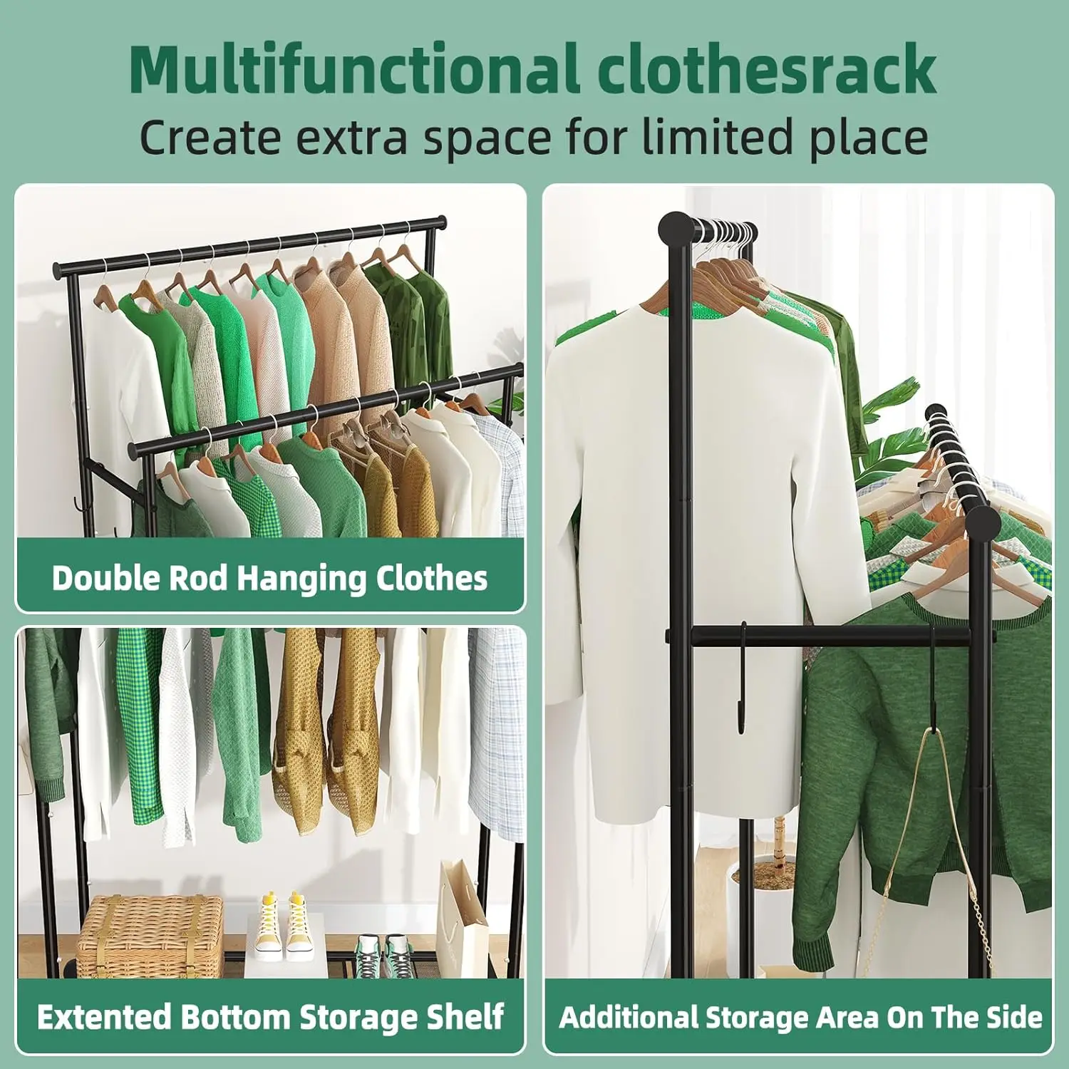 Double Rod Clothing Garment Rack on Wheels, 45 Inches Clothes Rack with Mesh Bottom Shelf for Hanging Clothe 5