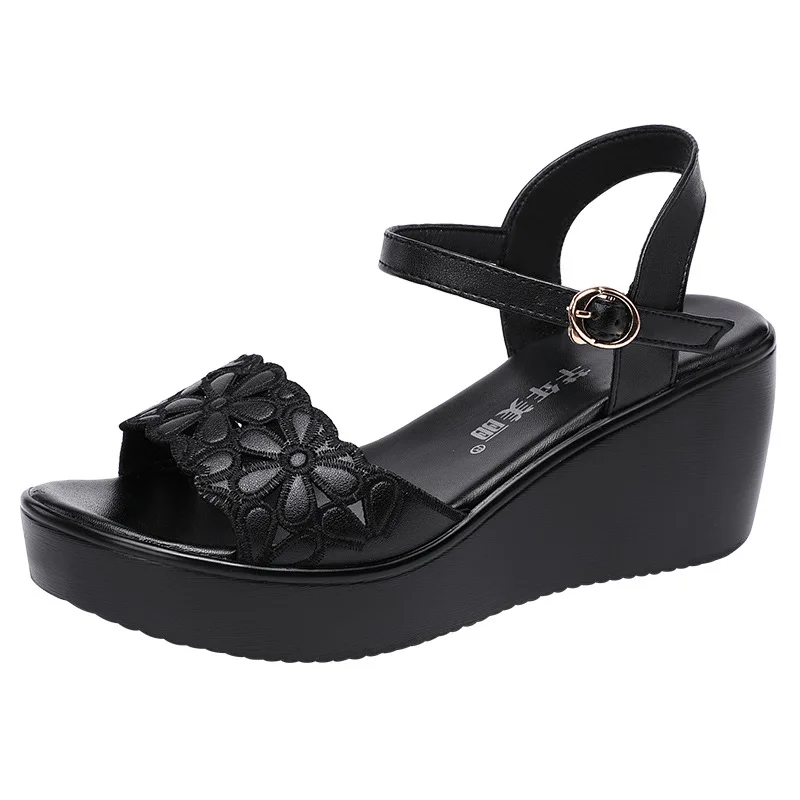 Women sandals women wedges heels shoes New Summer Chunky Platform Wedges Shoes Soft Leather Medium Heels Sandals Women Floral Cutout Black Beach Sandal Mom