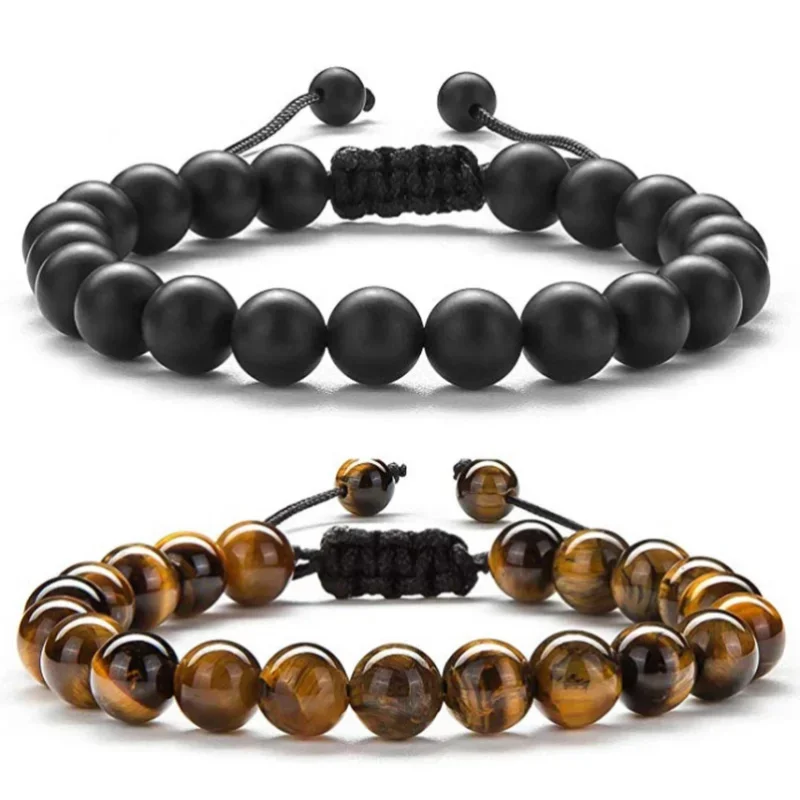 

Men Bracelets Black Lava Beads Bracelet Tiger Eye Adjustable Braided Rope Bangles Couple Distance Women Yoga Healing Jewelry