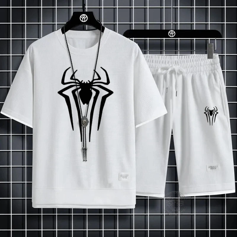 Summer Men's Spider Print T-shirt + Shorts Suit Casual Two-piece Waffle Sportswear 2024 Fashionable and Comfortable Suit M-3XL 2