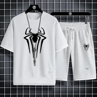 Summer Men's Spider Print T-shirt + Shorts Suit Casual Two-piece Waffle Sportswear 2024 Fashionable and Comfortable Suit M-3XL 2