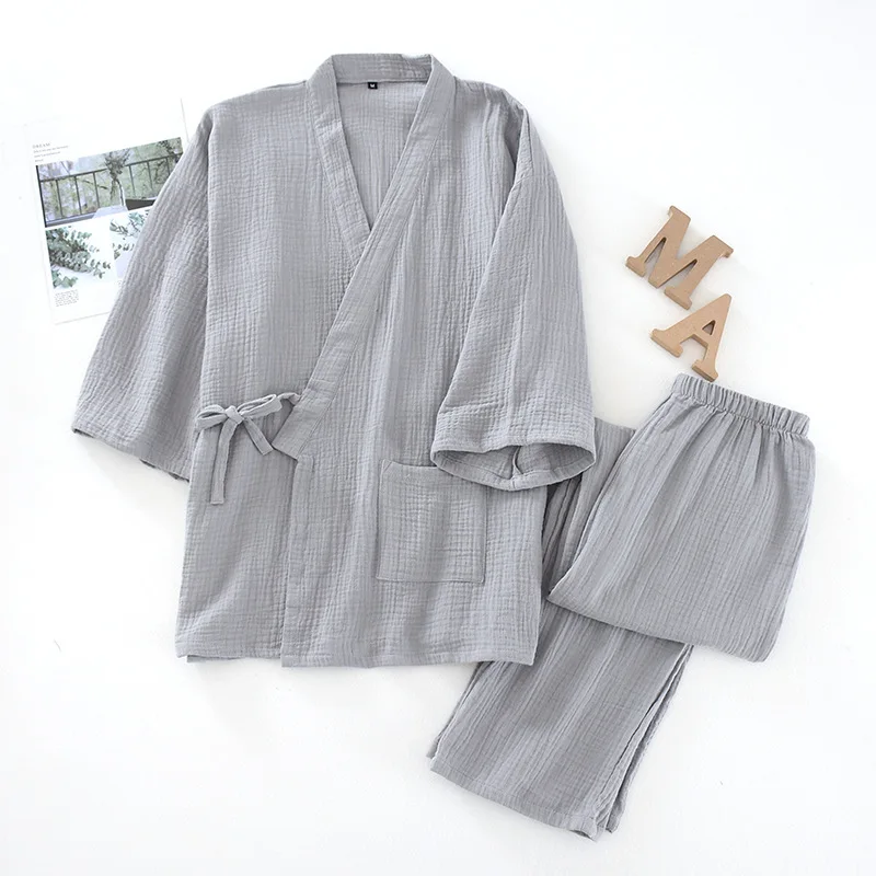simple kimono robes men 100% cotton pajamas sets men double gauze wrinkly cotton sauna pyjamas robes SPA bathrobes male