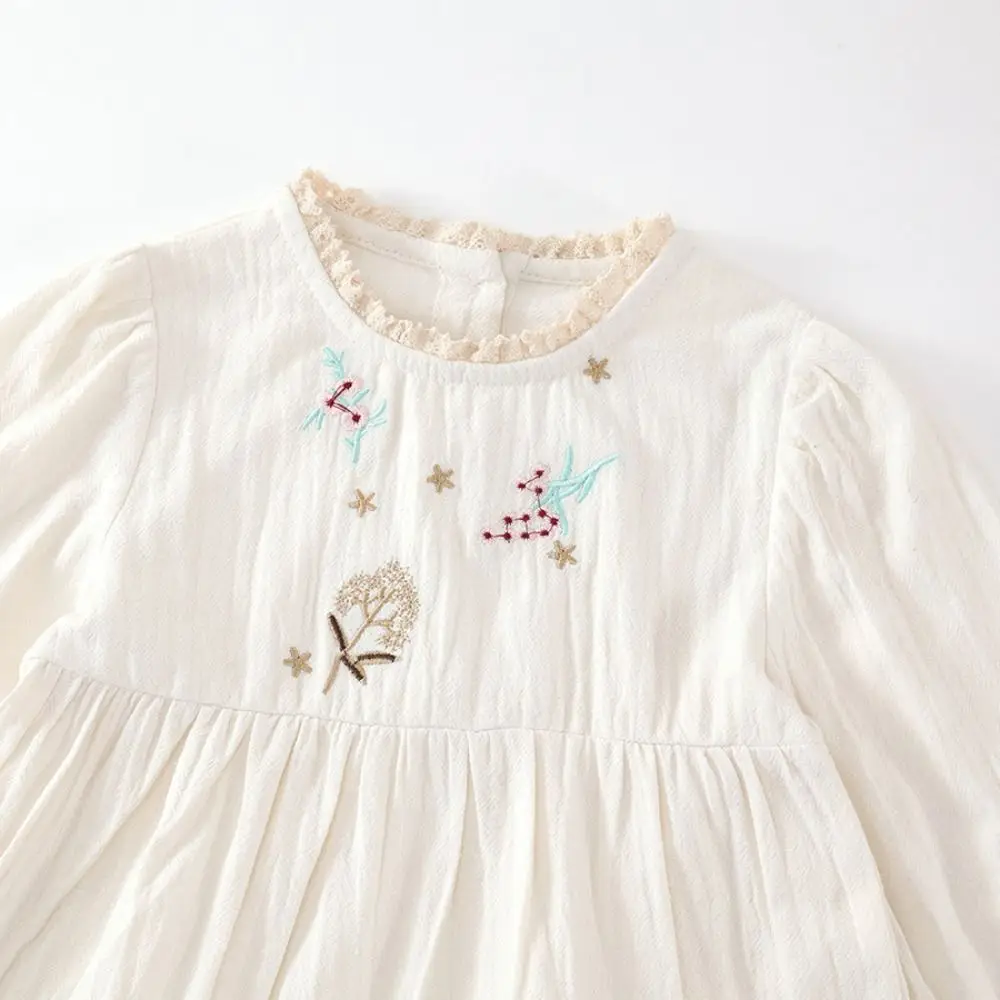 Embroidered Flowers Lace Princes Dress Pleated A-line Girls Long Dress Ballet Style Sweet Children Long Sleeved Dress Party