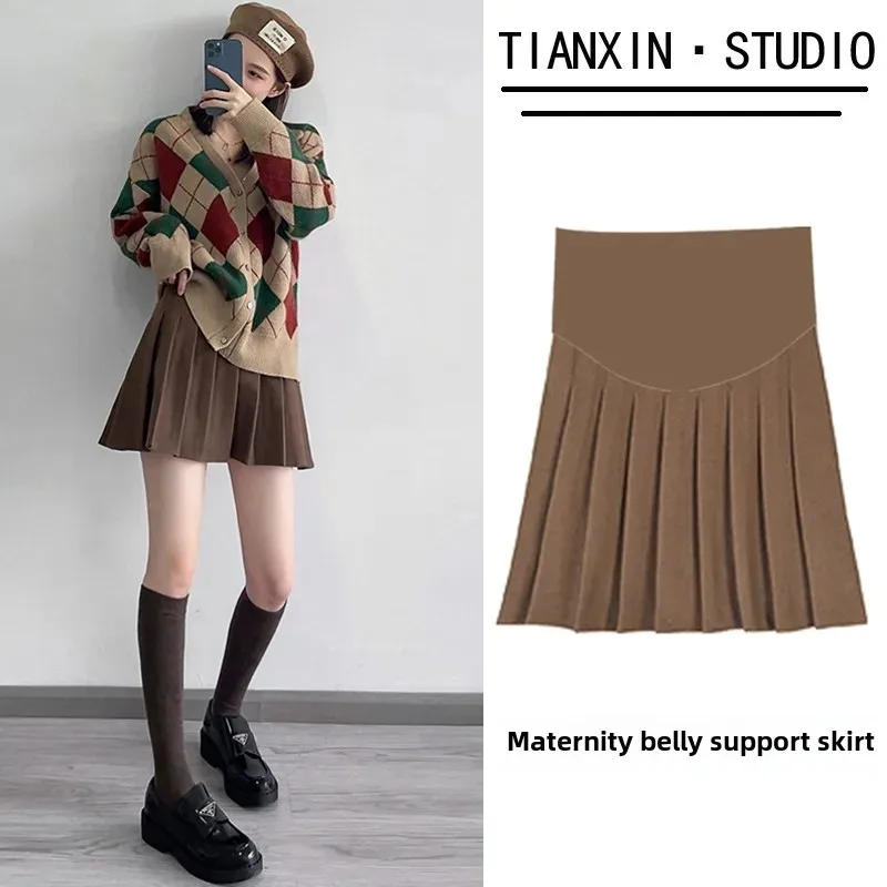 High-waisted Slimming Mini Dress For Pregnant Women Autumn Winter Pleated Skirt Women's Outerwear A- line Hip Support Skirt