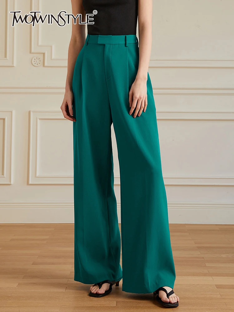 

TWOTWINSTYLE Solid Vintage Pants For Women High Waist Patchwork Folds Loose Wide Leg Pant Spring Female Fashion Clothing 2023