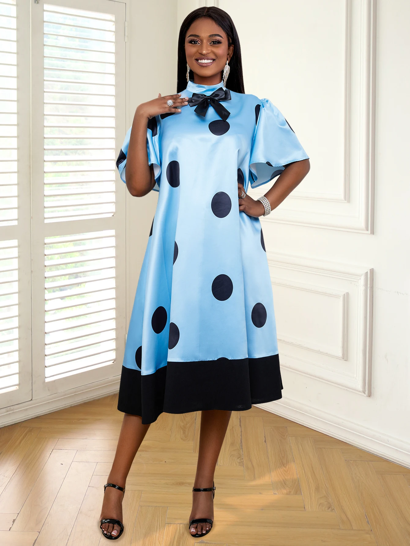 

Polka Dot Midi Dresses for Women Loose Blue Black Patchwork Half High Collar Bowtie Birthday Casual Daily Party Gowns Outfits