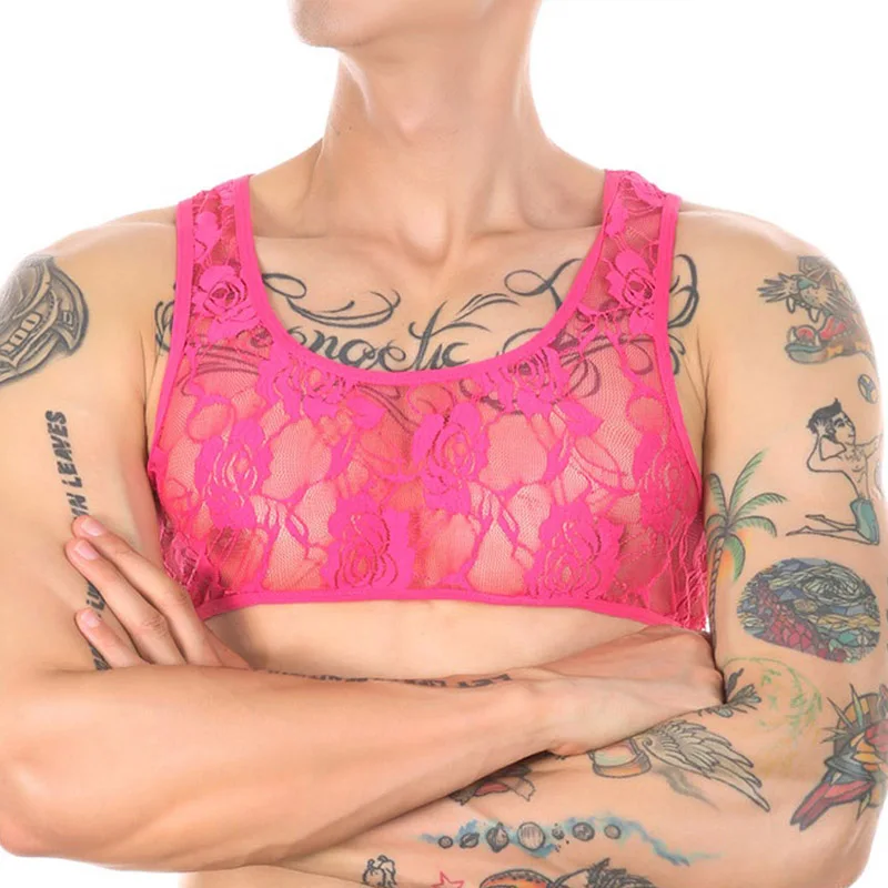 Men's Sexy Sheer Porn Bra Lace Transparent Crop Top Breathable Sex Erotic Outfit Sissy Miin Bikini sheer crop top