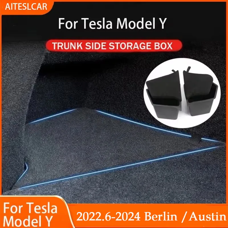 Trunk Side Storage Bins For Tesla Model Y-Berlin/Austin 2022-2024 Cargo Compartment Organizer Bucket TPE Box & Carpet Lids