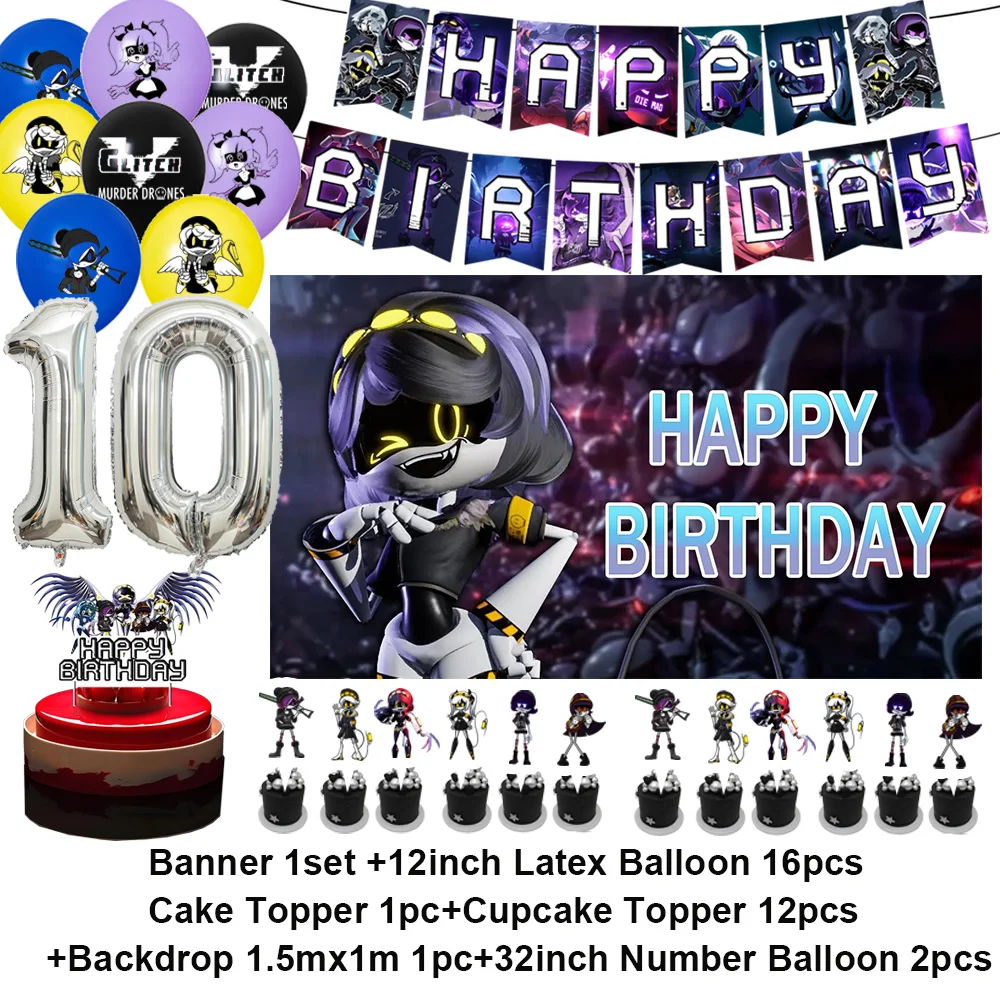 Murdered Drones Themed Birthday Party Decoration Set - Background, Balloons, Banner & Cake Topper