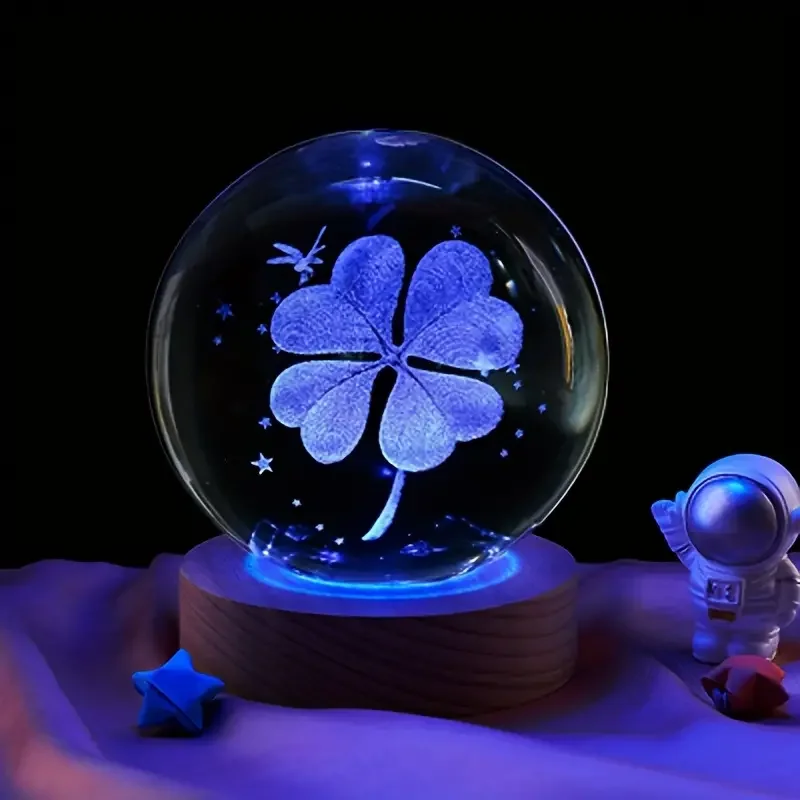Sfera Di Cristallo Con Rosa Incisa Al Laser 3D – Quadrifoglio E Fiore In Miniatura, Globo Di Vetro Con Base, Regalo Decorativo 60mm