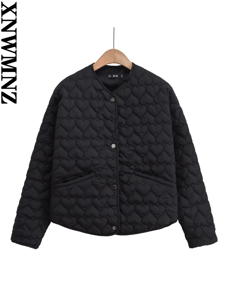 XNWMNZ Women's Fashion 2023 Autumn/Winter Heart Padded Jacket Women O Neck Long Sleeve Pocket Versatile Female Coat 3