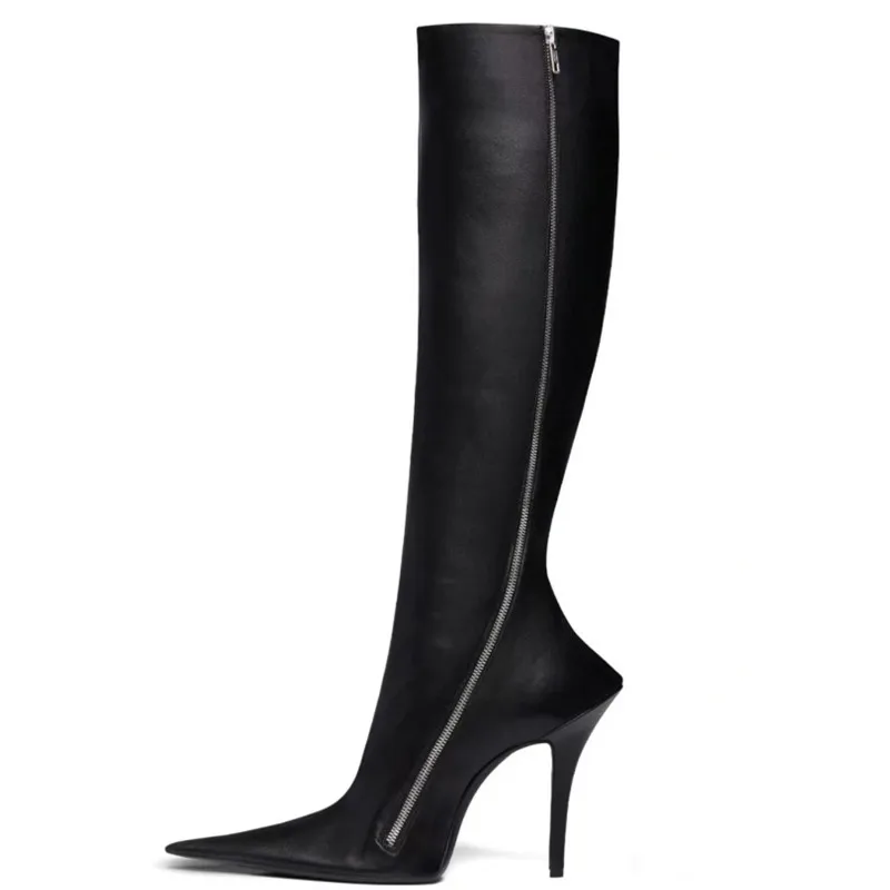 

New European and American Slim High Heels, Knee High Boots, Women's Fashionable Pointed Side Zippered Genuine Leather Boots