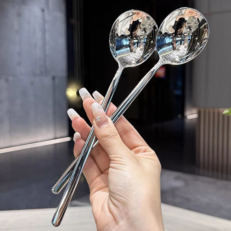 Stainless Steel Spoon Korean Long Handle Tableware Thicken Stirring Ice Spoon Meal Household Dinner stainless steel spoon