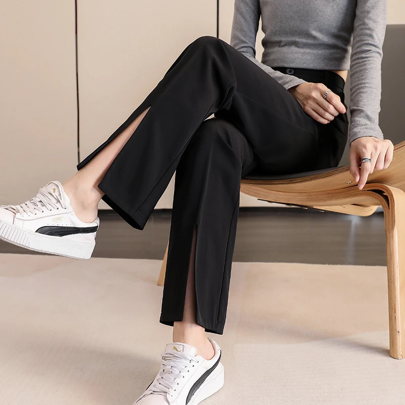 black ripped jeans Women Black Front Slit Pants Chic Fashion Office Lady Long Straight Trousers Elastic High Waist Pencil Loose Trousers Jumpsuits cargo pants for women