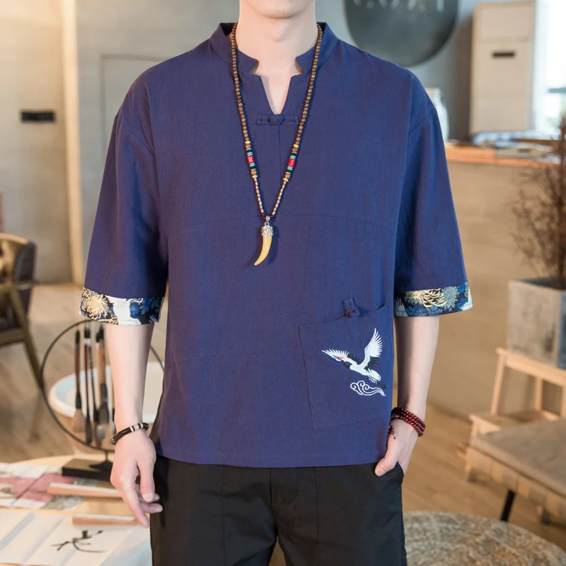 New Men's Casual Blouse Cotton Linen Shirt Loose Tops Short Sleeve Chinese Clothing Summer Casual Handsome Men's Hanfu Coat