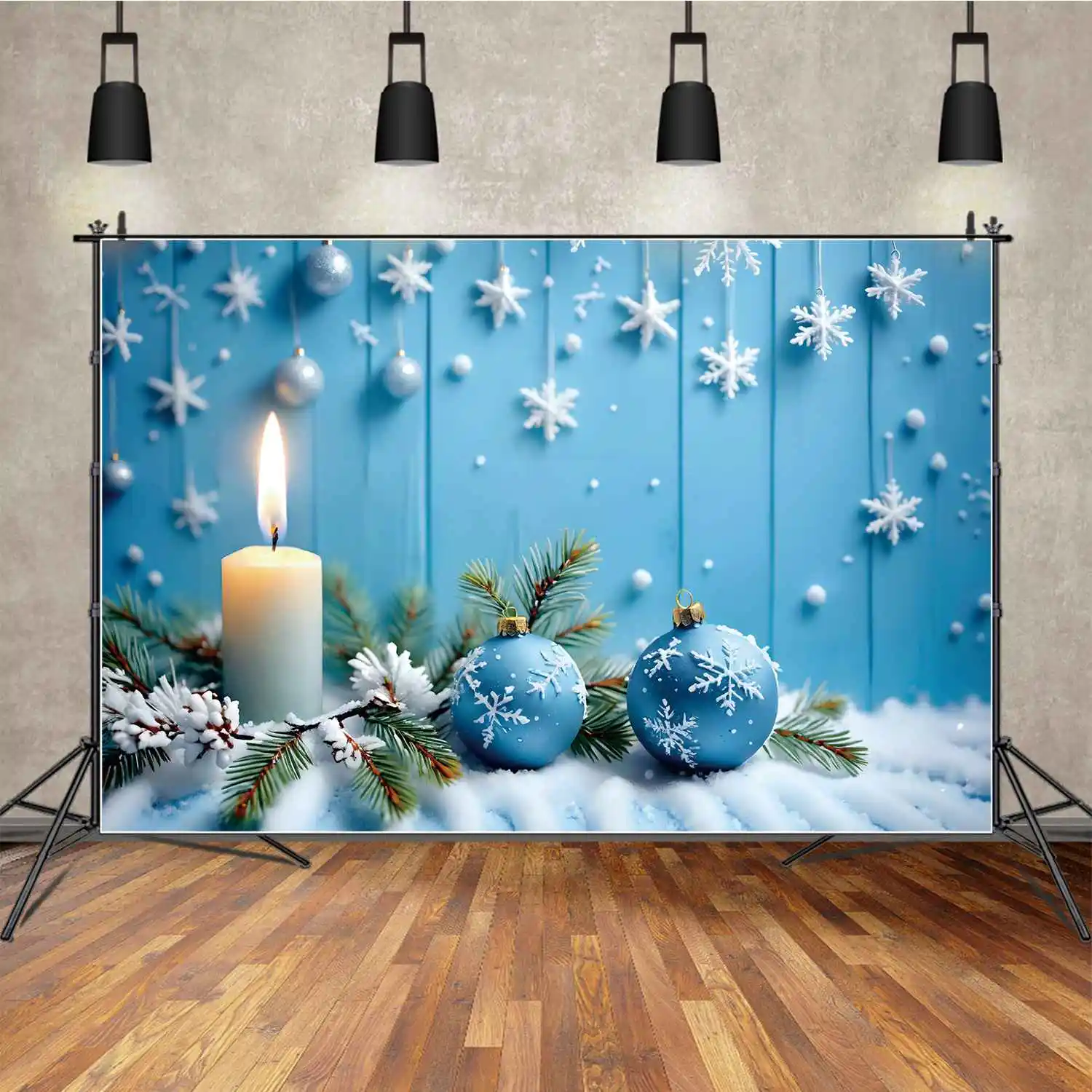 Moon.Qg Sfondo Christmas Blue Wood Board Photography Background Plank Star Pine Ball Candle Light Decor Studio Photozone Puntelli