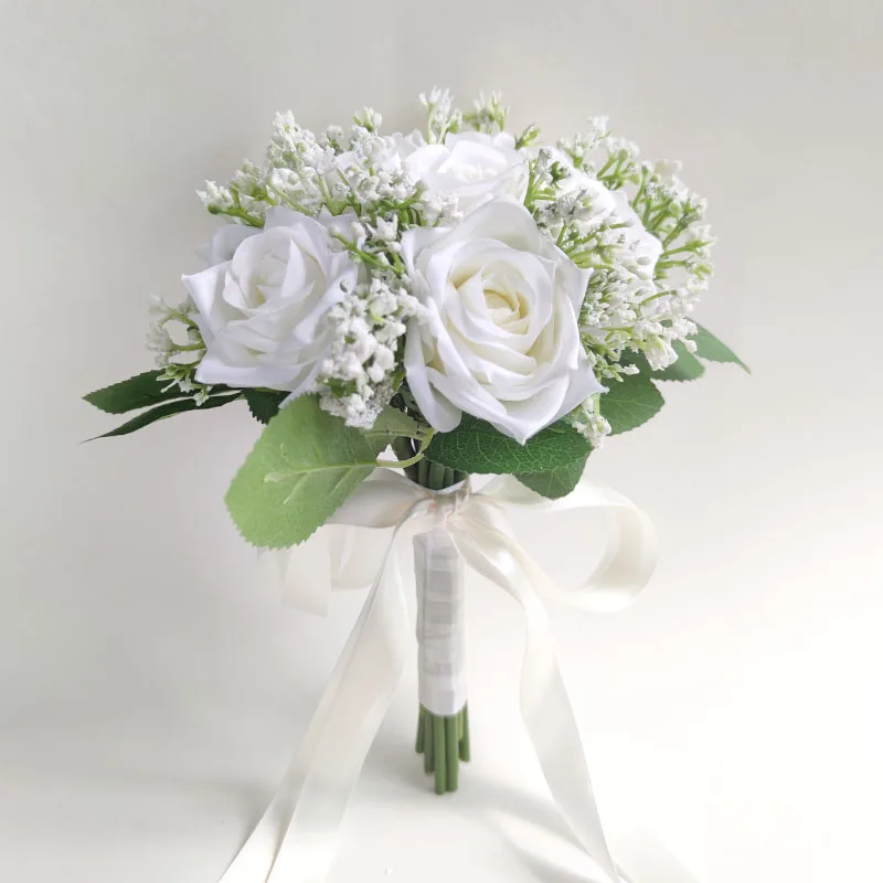 Wedding Bouquets Bride Bouquet White Silk Roses Artificial Flowers Babysbreath Boutonniere Mariage Bridal Bridesmaids Corsage Wedding Accessories