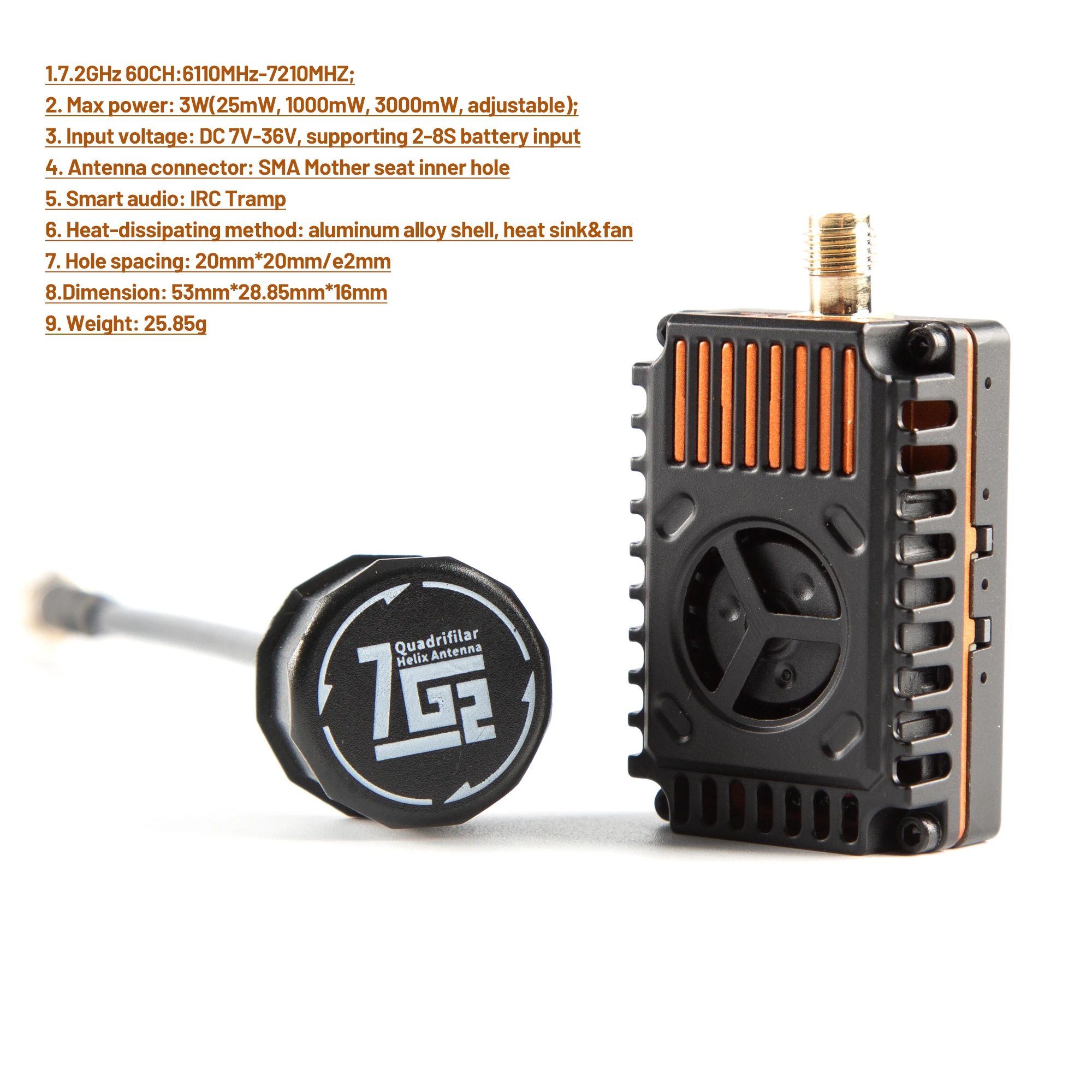 Boîtier de l'émetteur VTX 7.2Ghz 3W/5W/7W 64CH FPV Longue Portée pour Drone RC avec dissipateur thermique