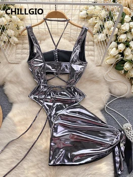 CHILLGIO Women Sexy Metallic Feeling Jumpsuits Skirts Clothing Sets Hollowed Bandage Halter Rompers Combi-pants Tight Bodysuits 2