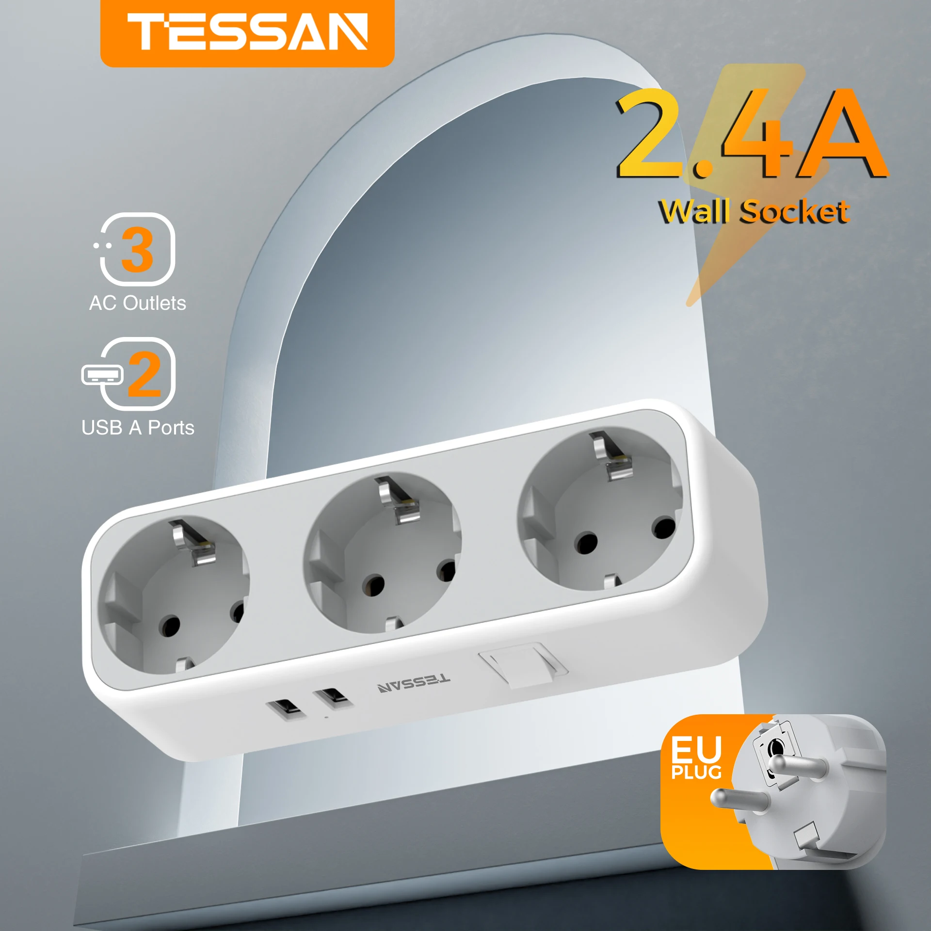 TESSAN Multiple Wall Socket Extender with 3 AC Outlets 2 USB Ports Switch EU Plug Power Socket Adapter Charger for Home Travel power strip plug adapter electrical socket power plug adapter wall socket extender