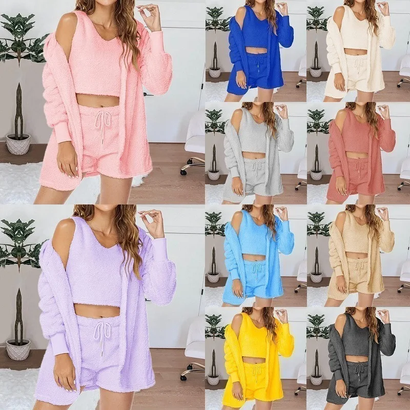 Women'S Sleepwear 3pcs Autumn Winter Soft Fuzzy Fluffy Homewear Hoodies Shorts Set Three-Piece Set Women Pajamas Loungewear Set