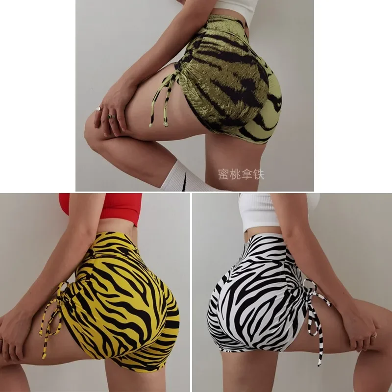 V Waist Hip Lifting Fitness Shorts Women's Quick-Drying Leopard Print Drawstring Sports Hot Pants Stretch Yoga Shorts Summer