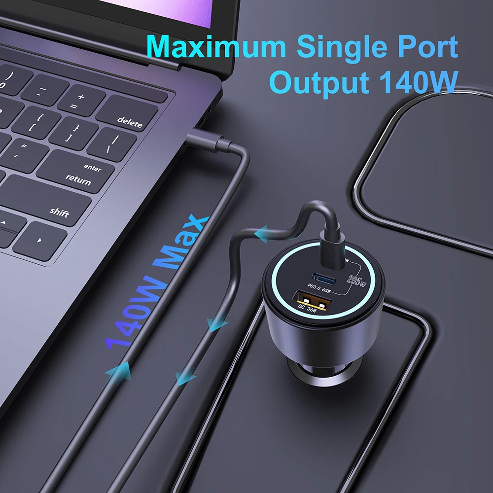 205W Car Charger Car Phone Charger Phone Charger Quick Charge 4.0 PPS 45W PD3.1 140W Fast Charging USB C For MacBook iPhone 16 Samsung