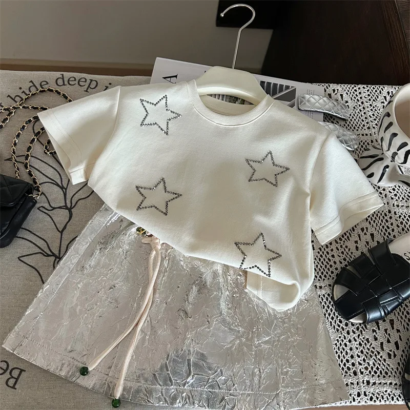 

Korean Summer Toddler Girl 2PCS Clothes Set Diamond Star Short Sleeve Little Girl Tees Drawstring Shinny Skirt Baby Girl Outfits