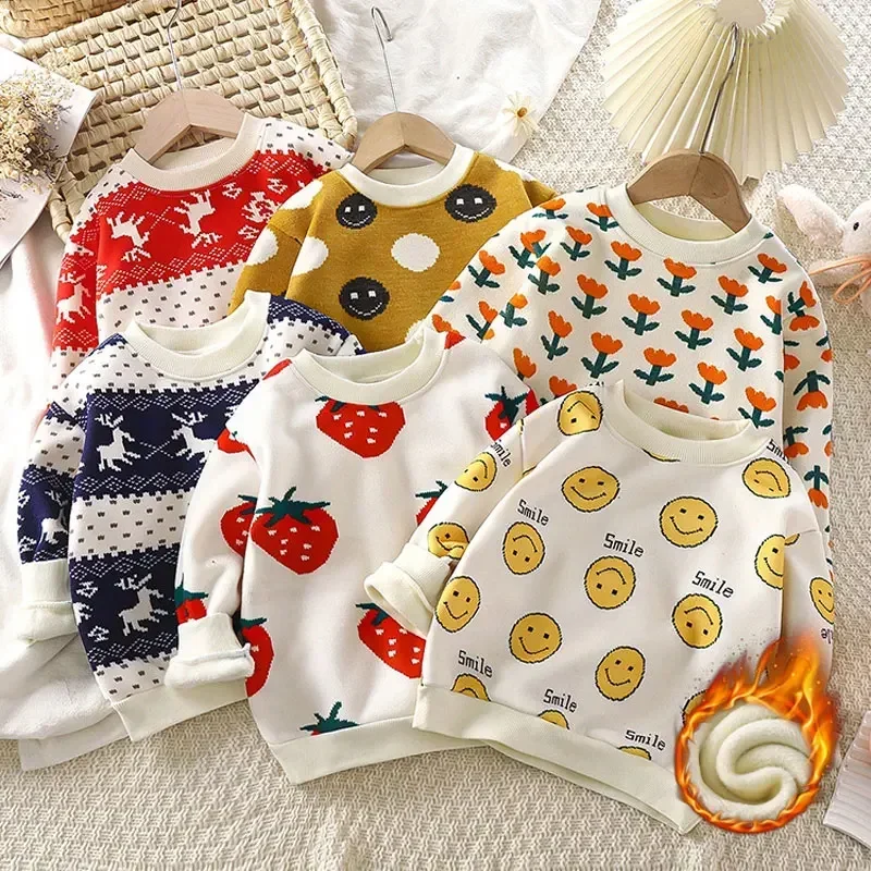 

New Winter Children T-shirt Plus Velvet Sweater for Kids Thicken Warm Boys Sweatshirts Girls Pullover Christmas Baby Outerwear