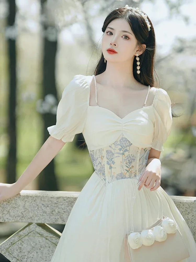 French Chic Summer Fairy Dress Cottage Slim Waist Pearl Strap Embroidery  Corset Dress Night Party Womens Party Medieval Dress - AliExpress
