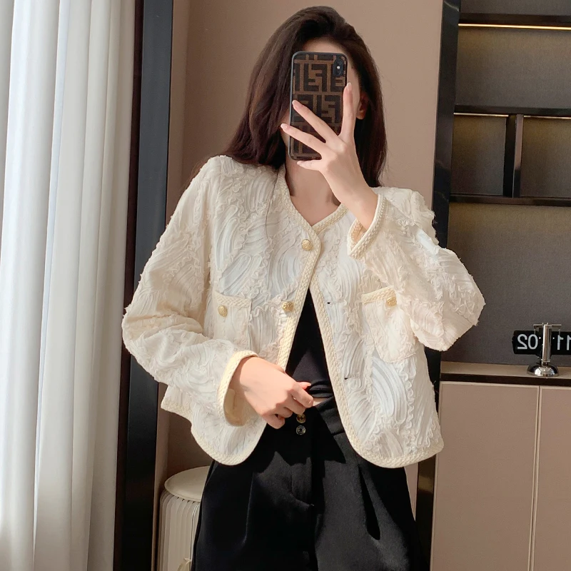 

High-End Fall Winter Korean Women's Clothes O-Neck Chic Apricot Tweed Small Fragrance Coat Retro Suit Jacket Top Female Casaco