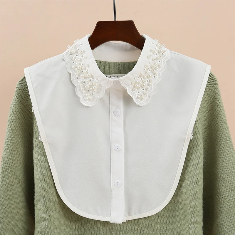 Faux Beaded Fake Collar Women White Dickey Embroidery Scalloped Half Shirt drop shipping