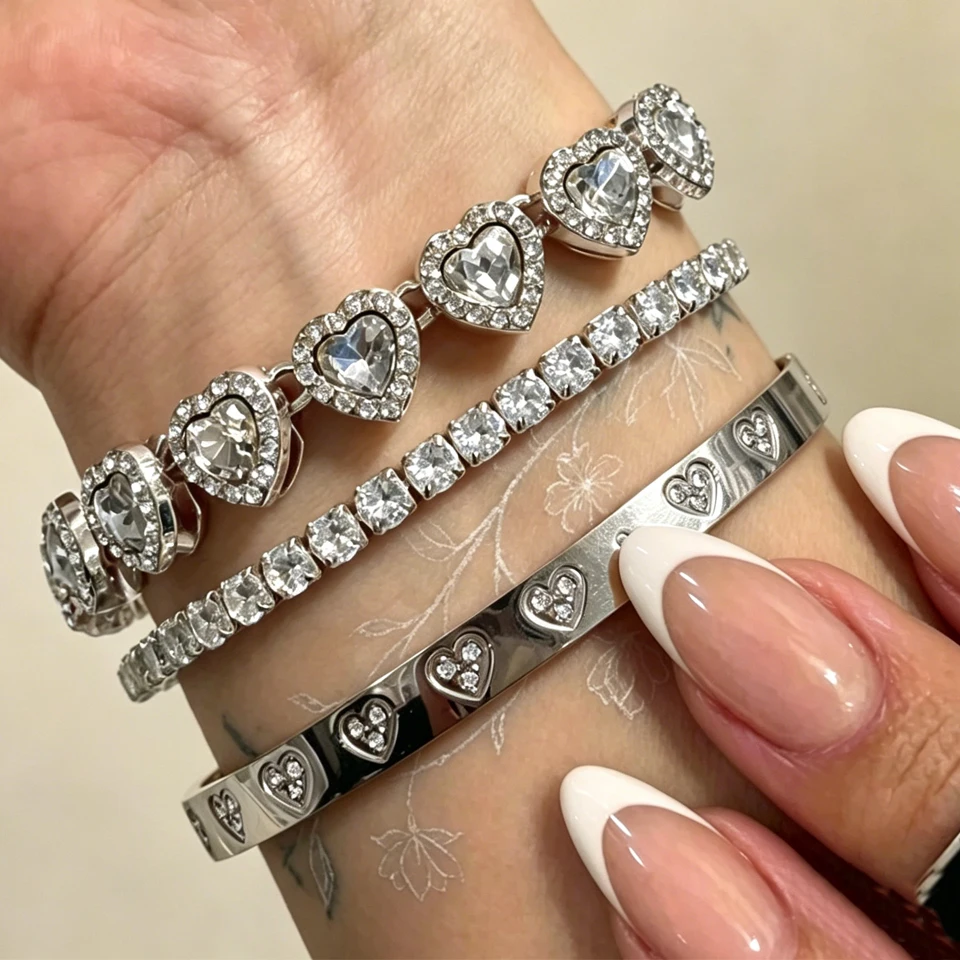 Yupsk 1/3 Stück Silberfarbene Funkelnde Zirkon-Strass Herz-Tennisarmbänder Edelstahl-Armreifen Modeschmuck
