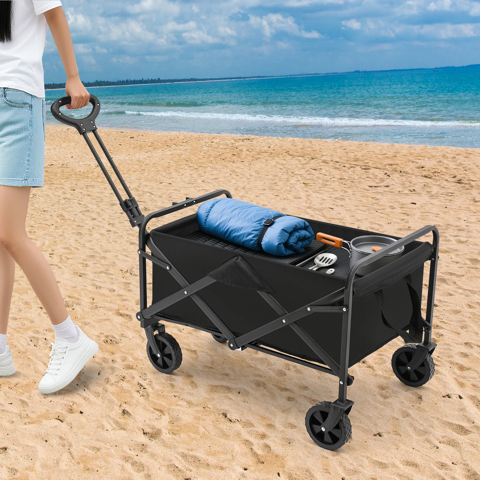 Schwarzer kleiner 5-Zoll-Gummirad-Klappwagen, Mehrzweckwagen, Strandwagen mit 5-Zoll-Gummirädern, Camping für Outdoor-Aktivitäten usw – Detail 32