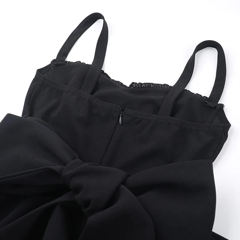 Bows Spaghetti Strap Dress For Women Plunge Sexy Bodycon Mini Dress Zipper A-Line Backless Folds Party Dress High Waist